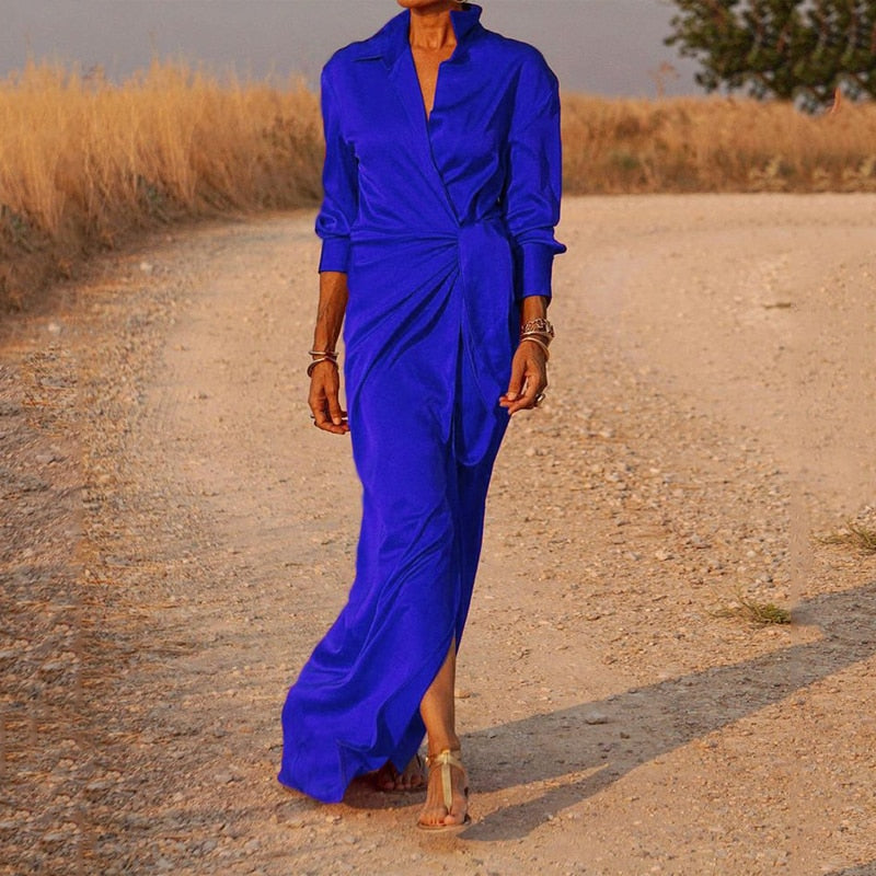 Hoobd Women Dress Casual Elegant Solid Lapel V Neck Long Sleeve Tie Up Pleated Slit Satin Dresses High Streetwear