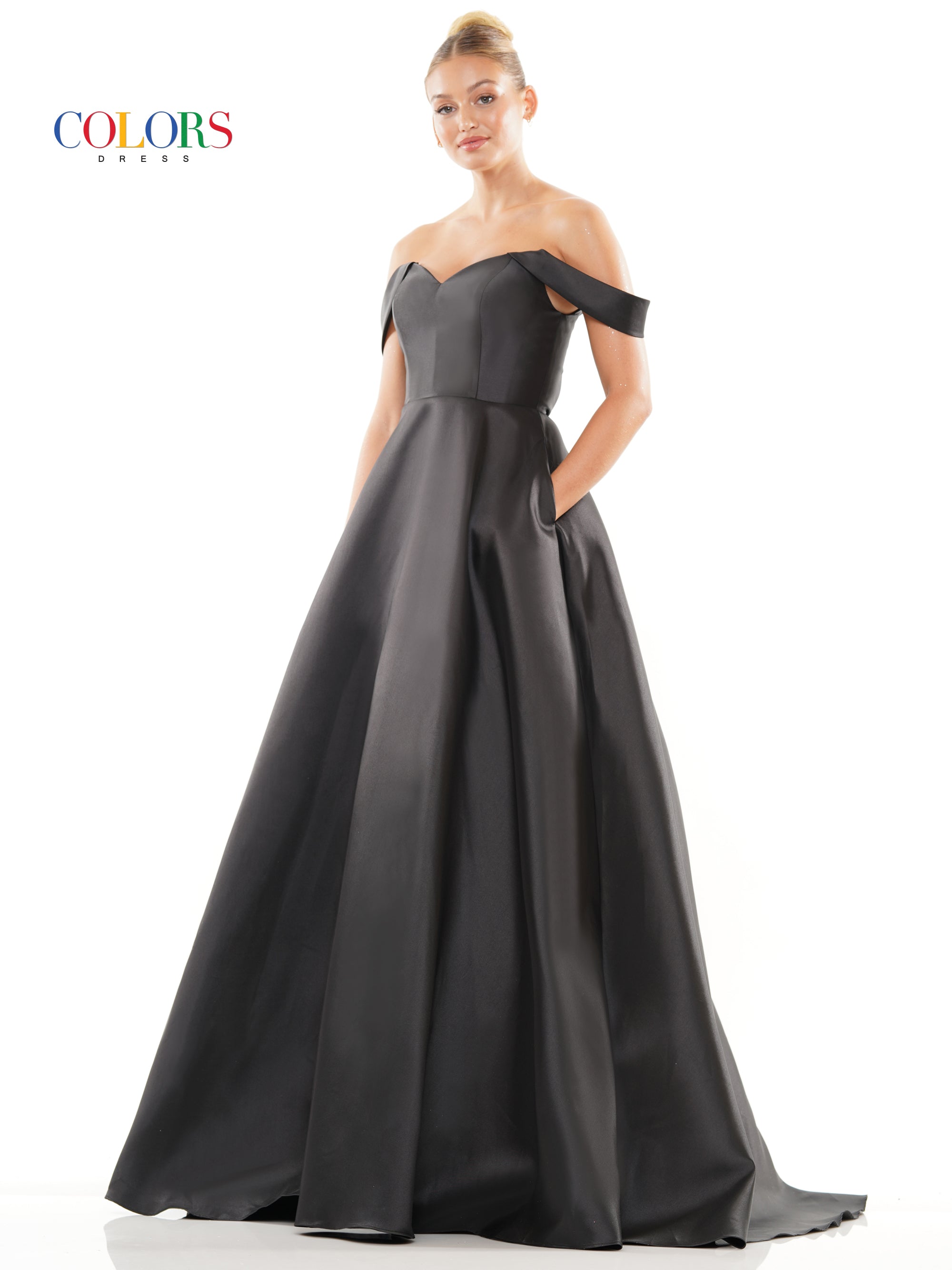 Colors 3182 Long Off Shoulder Mikado Prom Dress