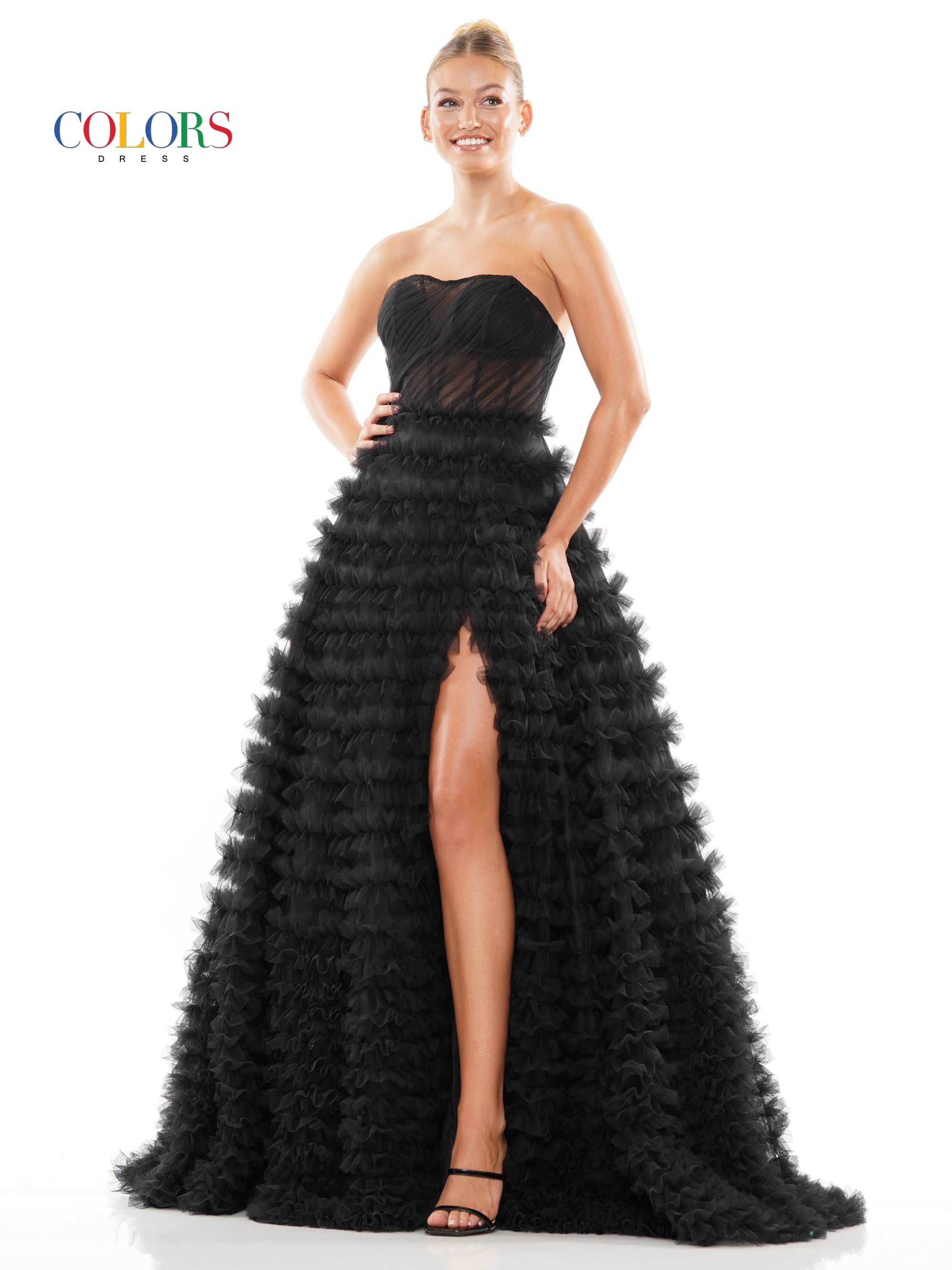 Colors 3184 Prom Long Strapless Mesh Ball Gown