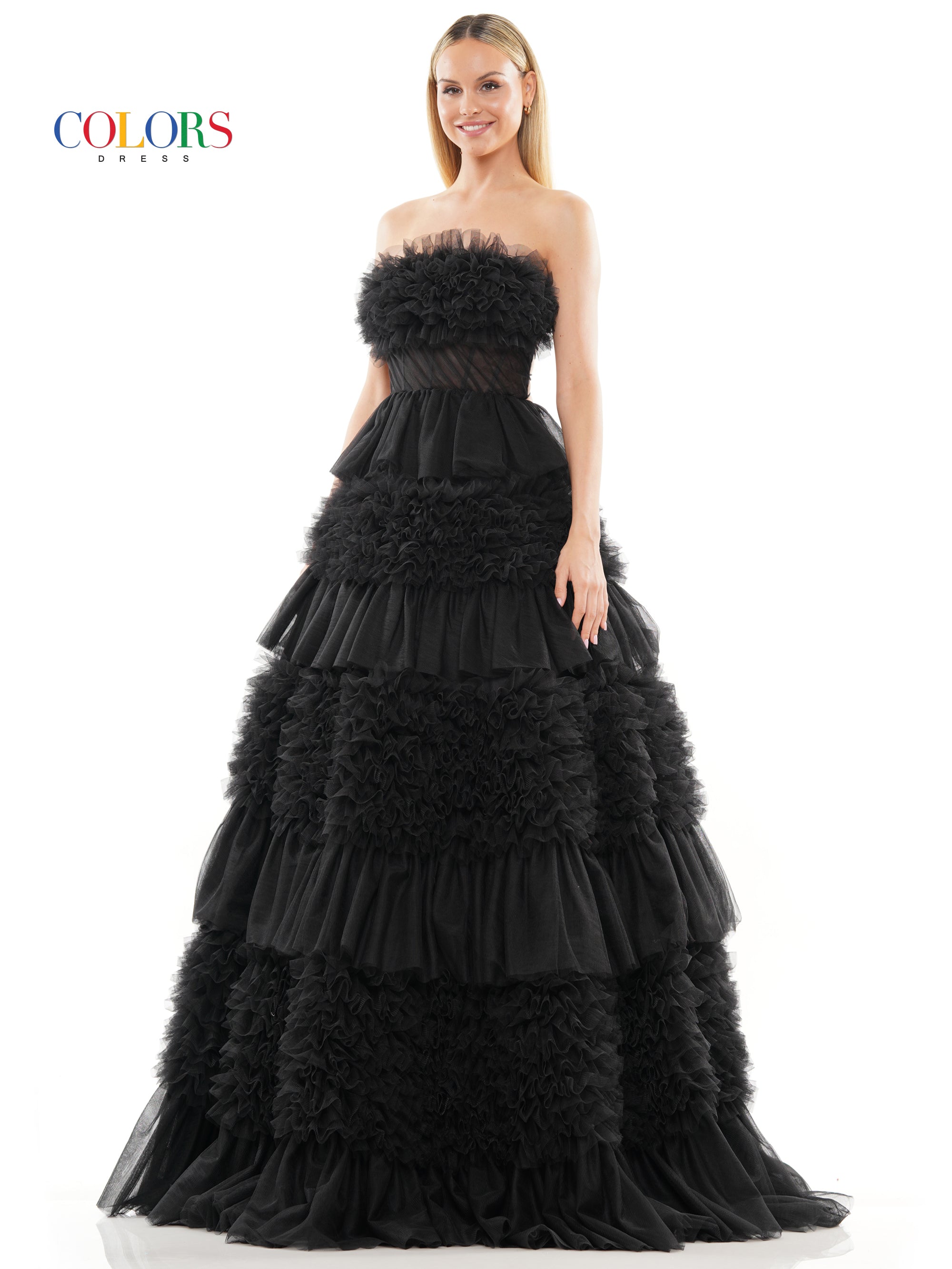 Colors 3185 Long Strapless Tiered Prom Ball Gown