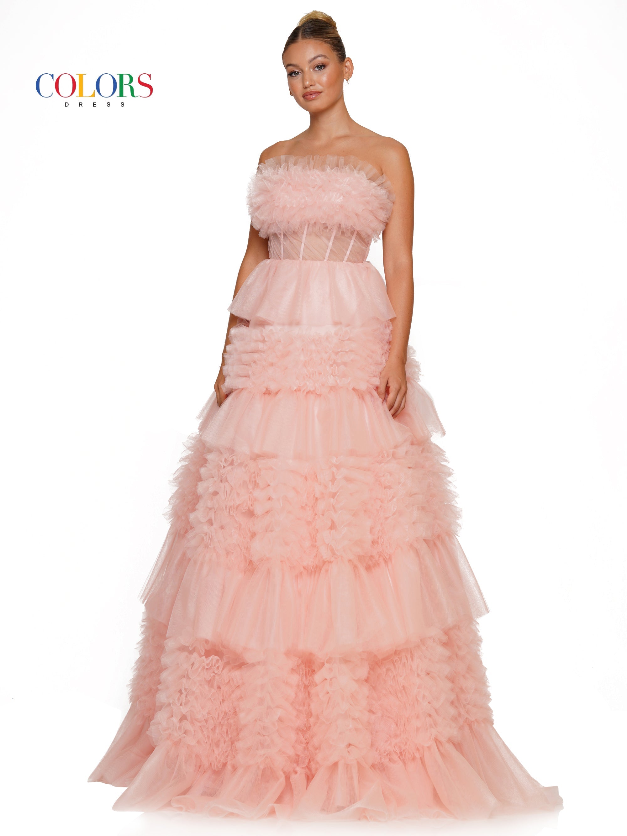 Colors 3185 Long Strapless Tiered Prom Ball Gown