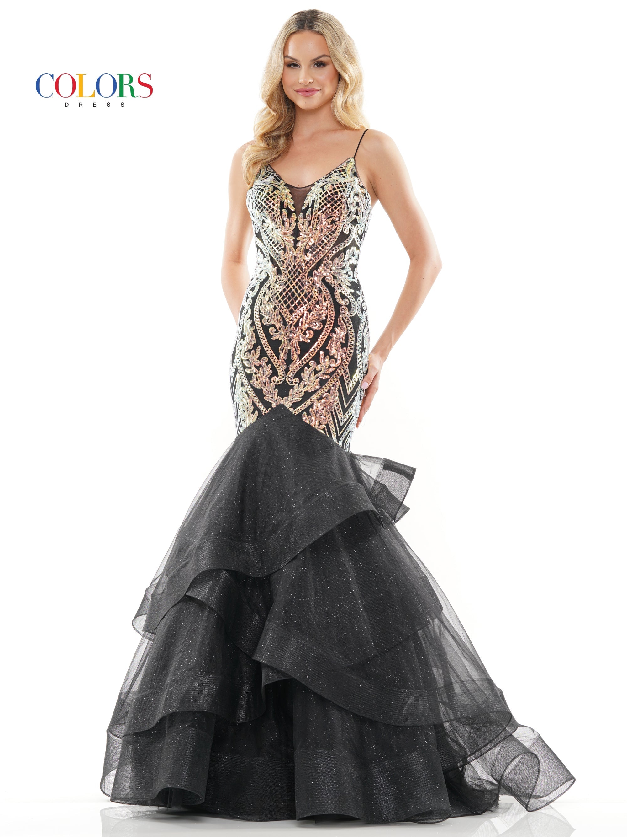 Colors 3200 Long Spaghetti Strap Glitter Mermaid Prom Dress