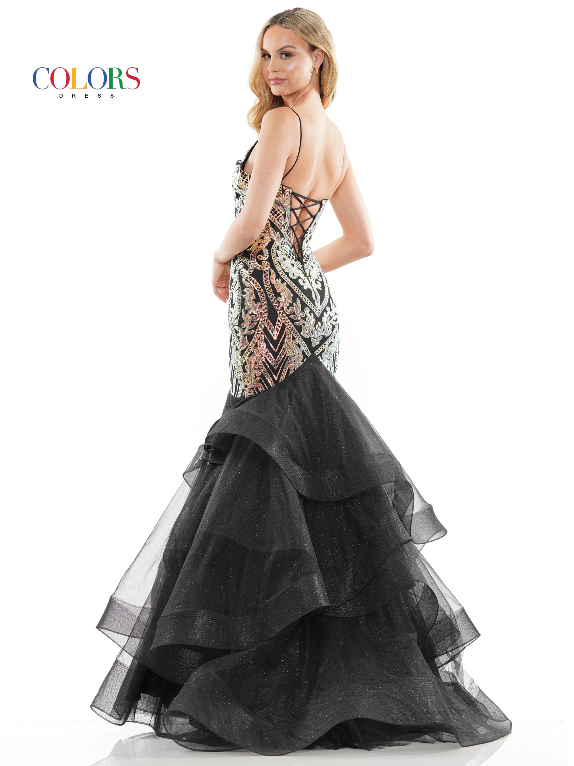 Colors 3200 Long Spaghetti Strap Glitter Mermaid Prom Dress