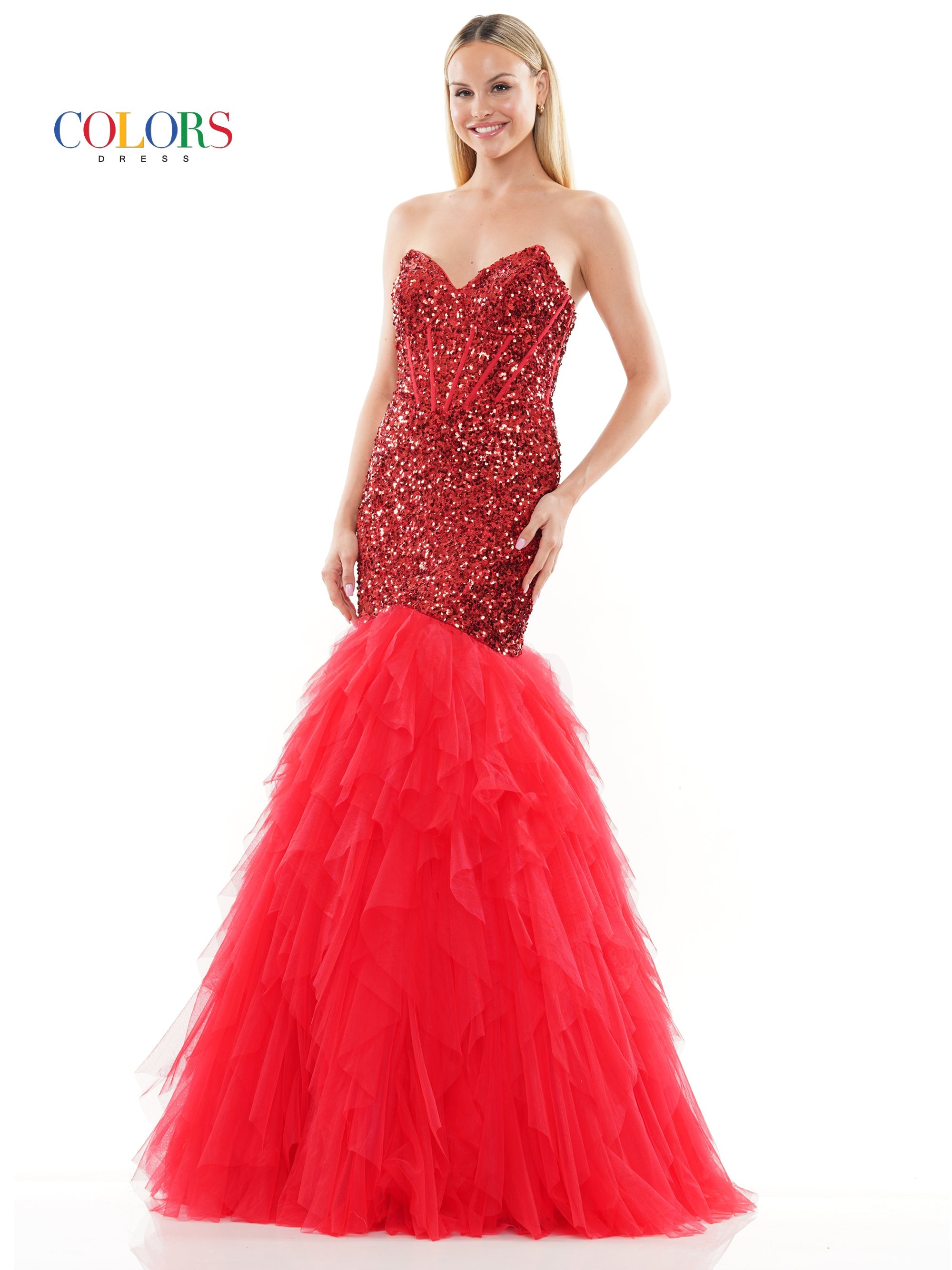 Colors 3202 Long Strapless Formal Mermaid Prom Dress