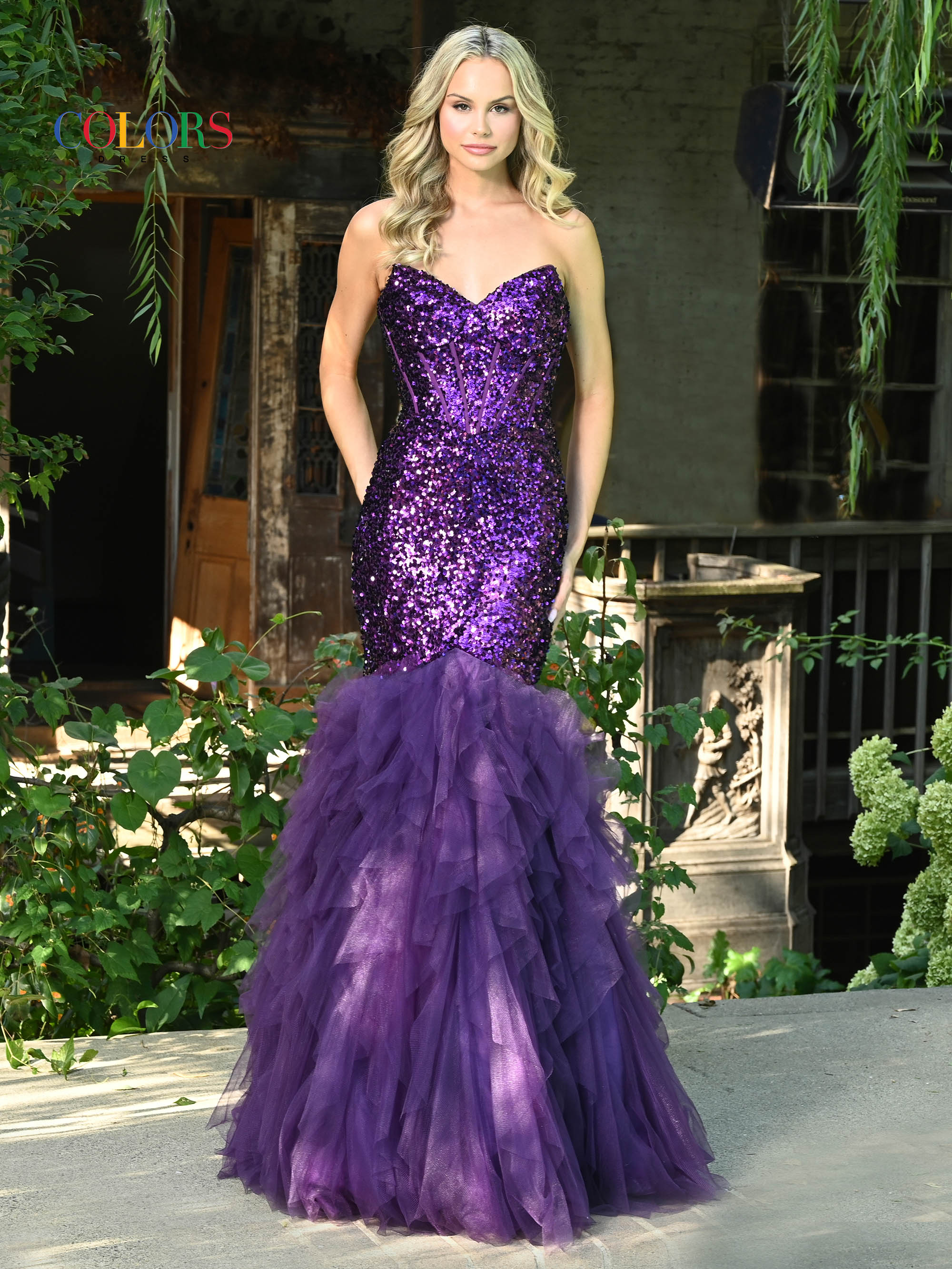 Colors 3202 Long Strapless Formal Mermaid Prom Dress