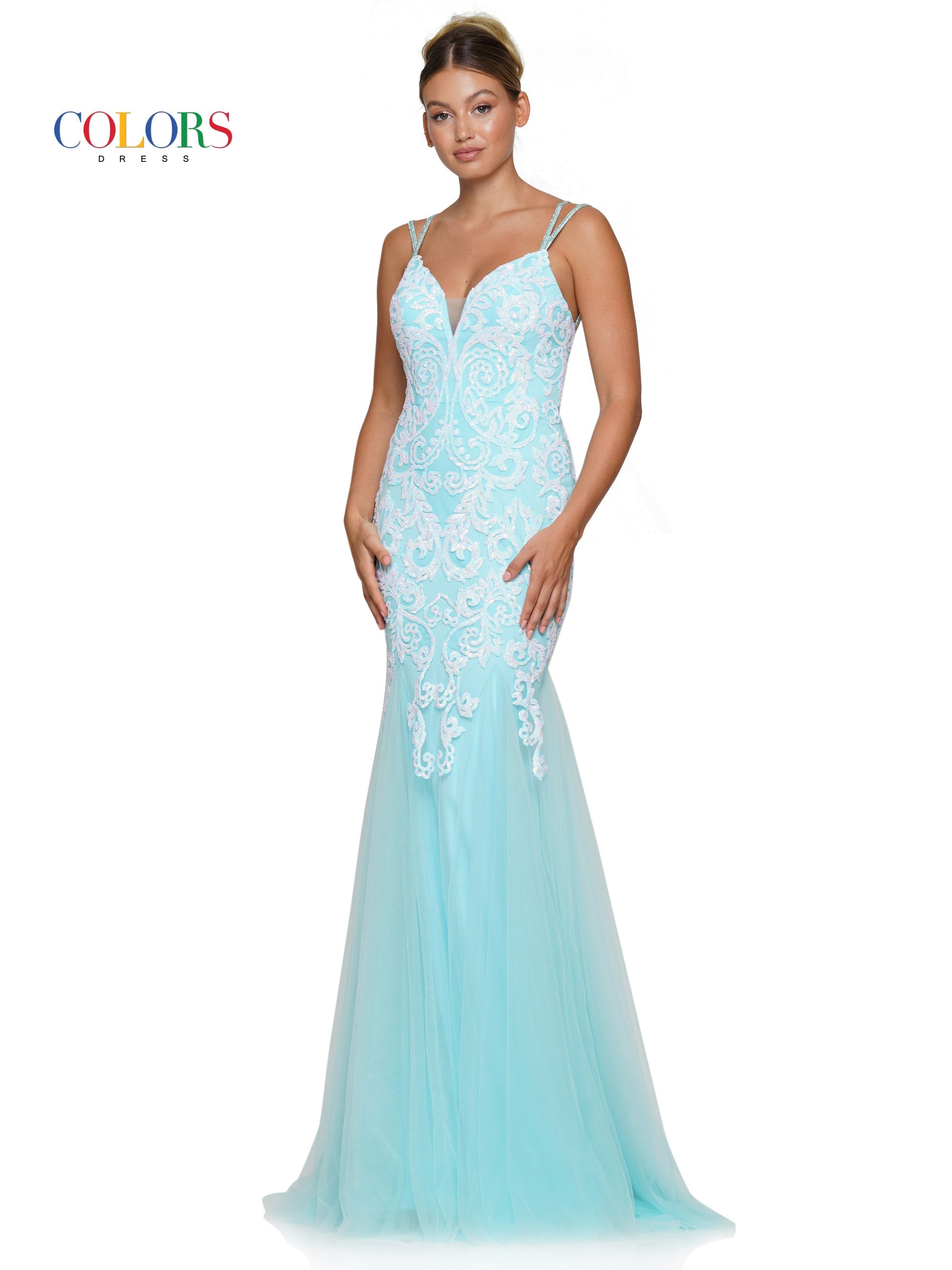 Colors 3208 Long Formal Sequin Mesh Prom Dress