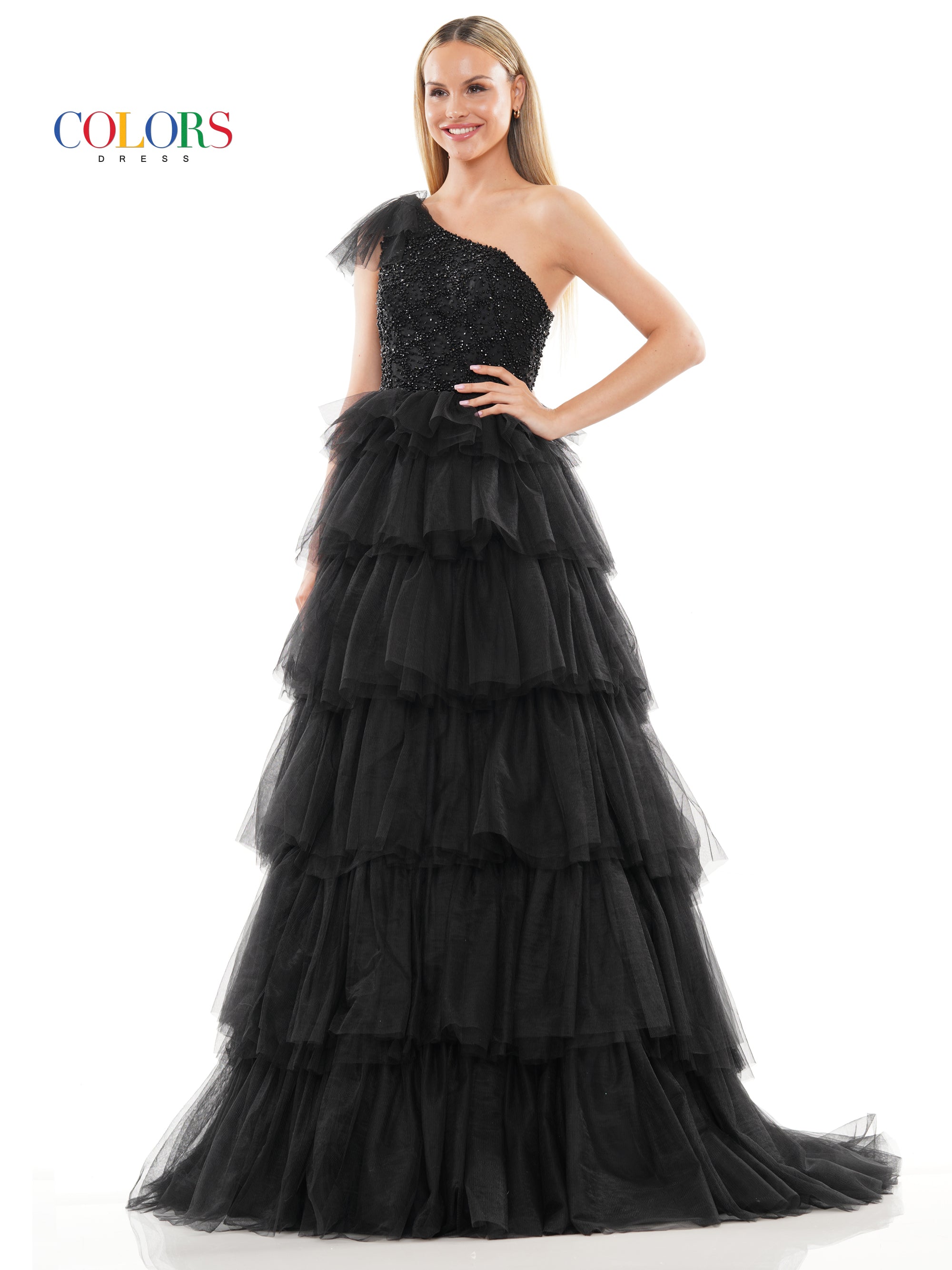 Colors 3218 Prom Long One Shoulder Beaded Mesh Ball Gown