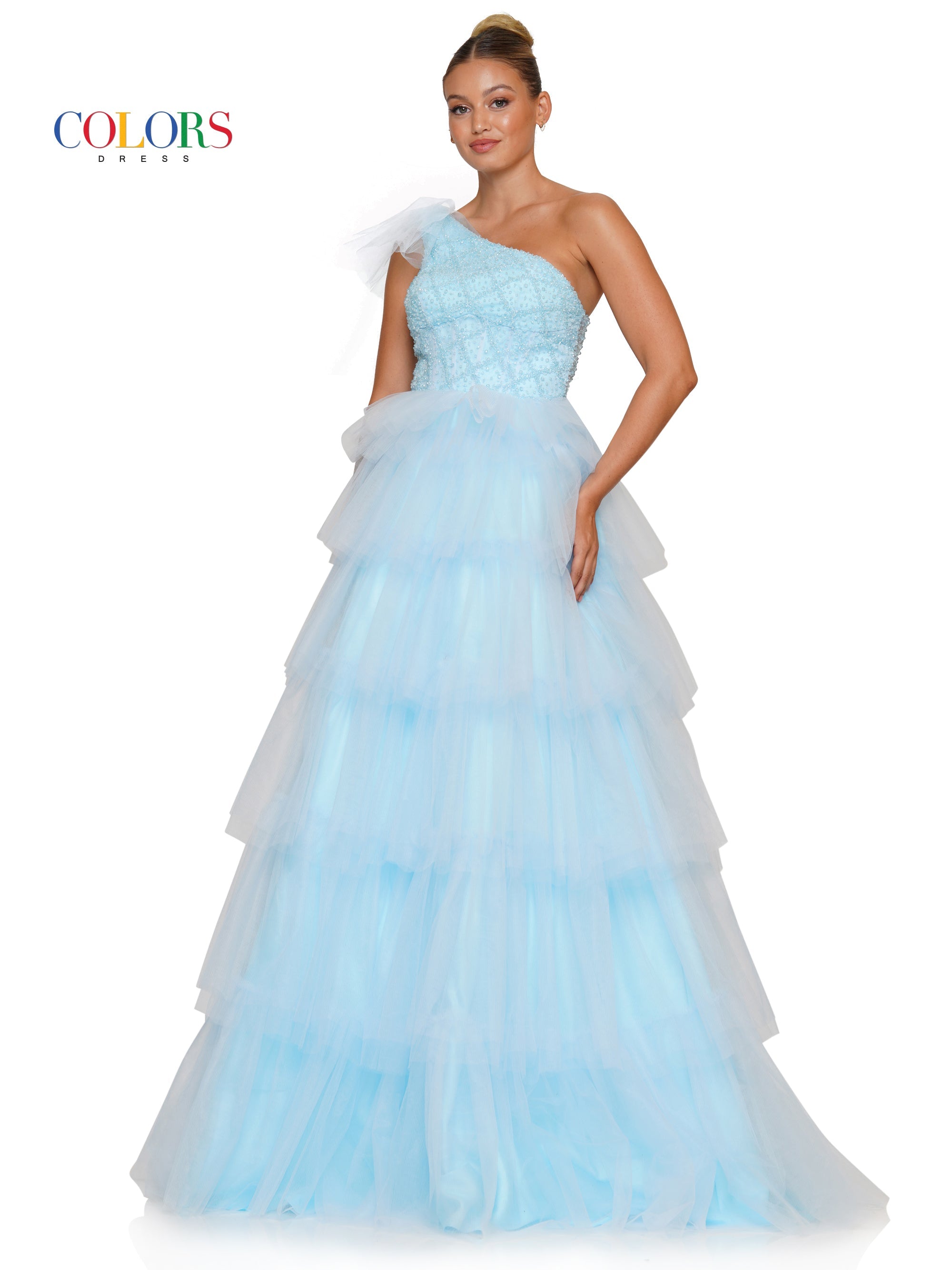 Colors 3218 Prom Long One Shoulder Beaded Mesh Ball Gown