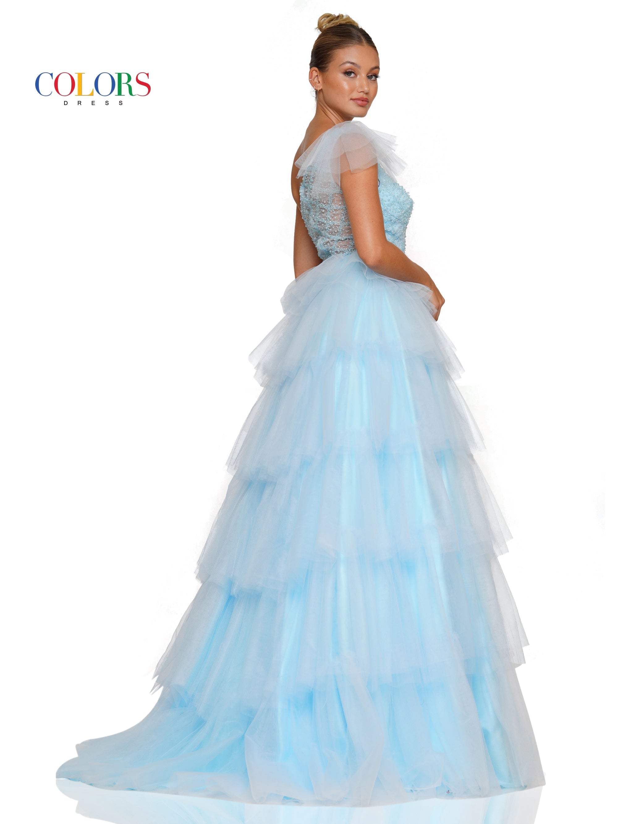 Colors 3218 Prom Long One Shoulder Beaded Mesh Ball Gown