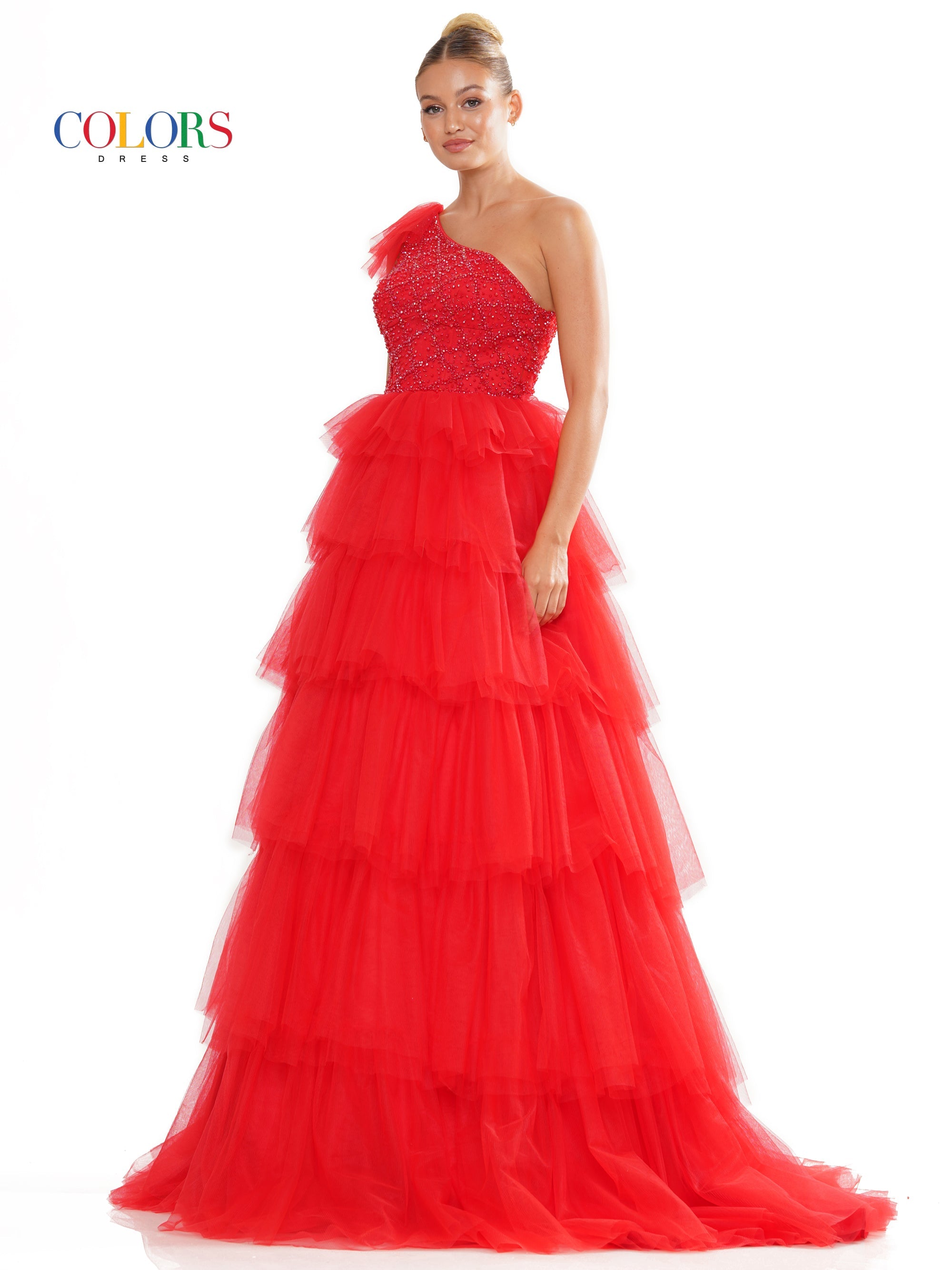 Colors 3218 Prom Long One Shoulder Beaded Mesh Ball Gown