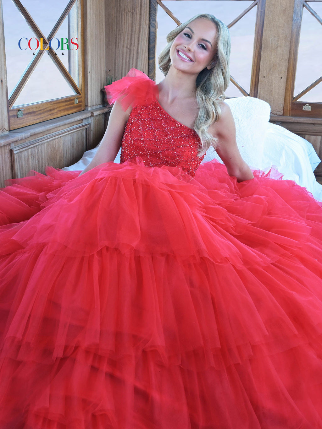 Colors 3218 Prom Long One Shoulder Beaded Mesh Ball Gown