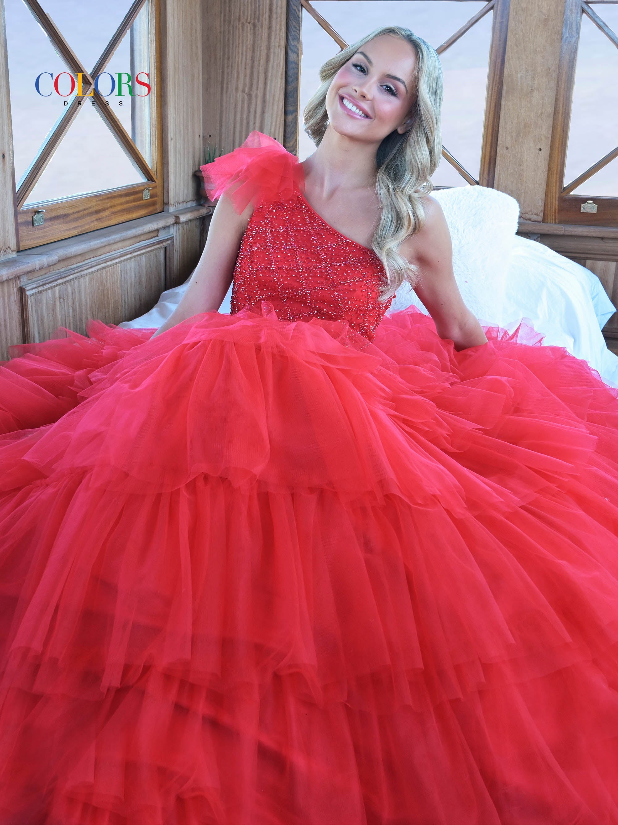 Colors 3218 Prom Long One Shoulder Beaded Mesh Ball Gown
