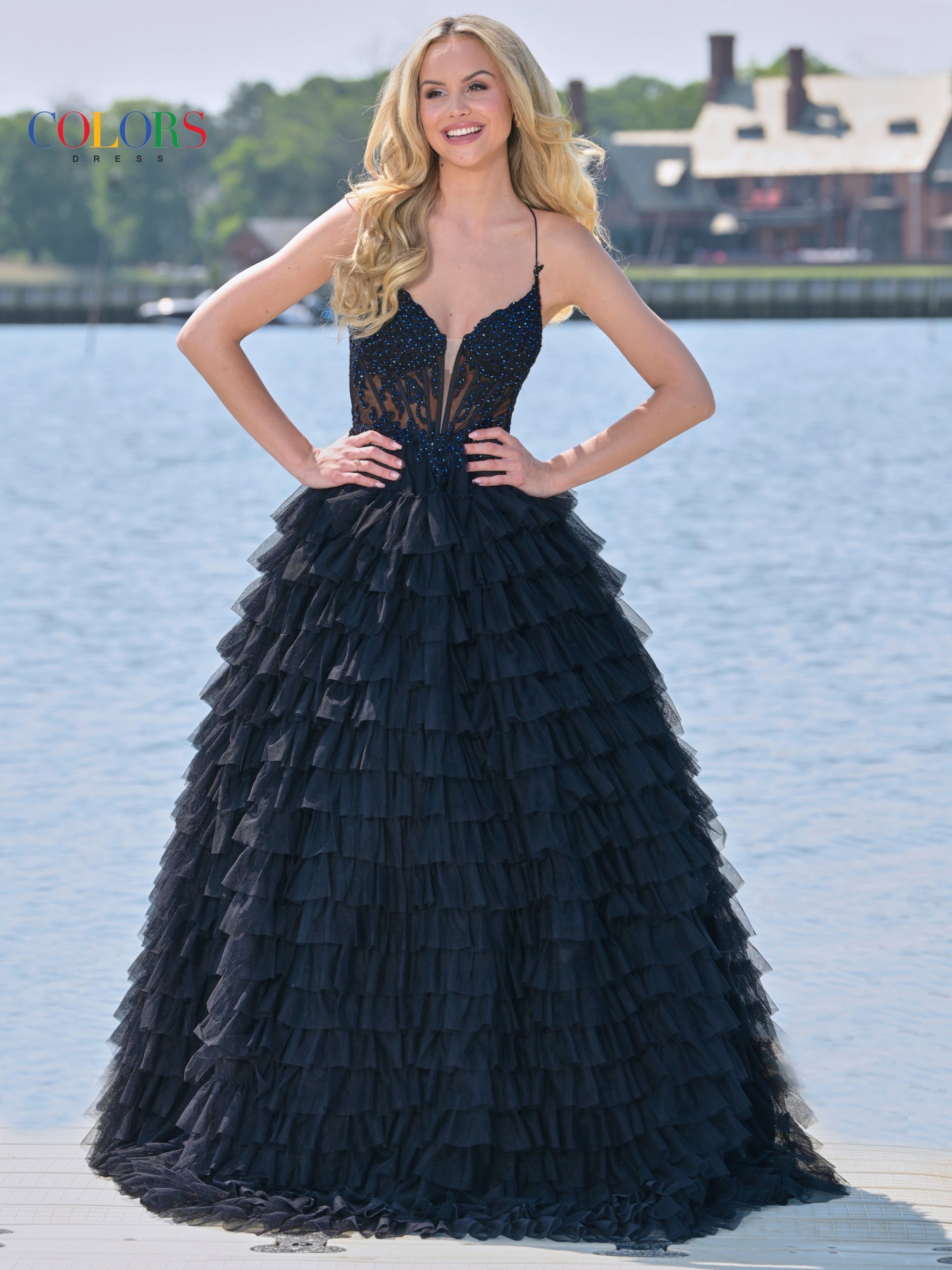 Colors 3219 Prom Long Spaghetti Strap Beaded mesh ball Gown