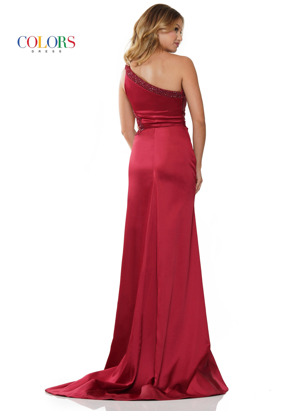 Colors 3222 Long One Shoulder Fitted Satin Prom Dress