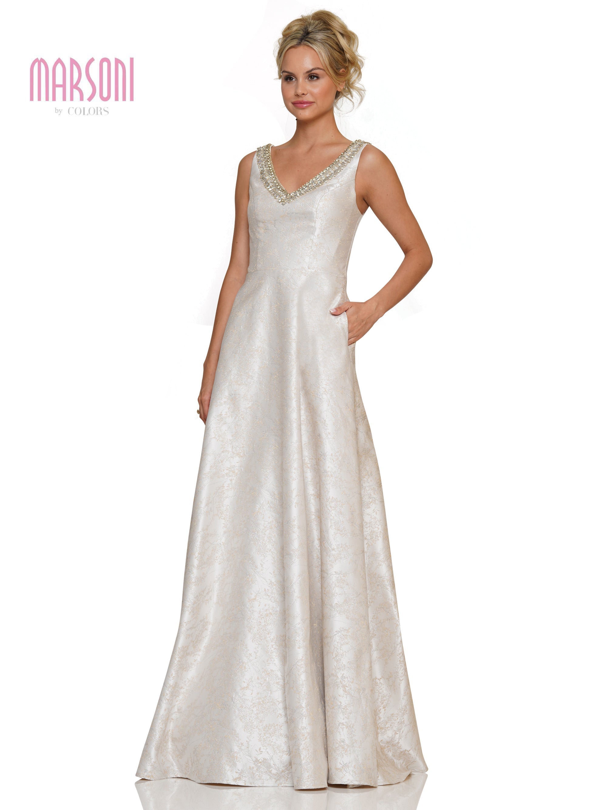 Marsoni MV1267 Long Sleeveless V Neck Jacquard Formal Dress