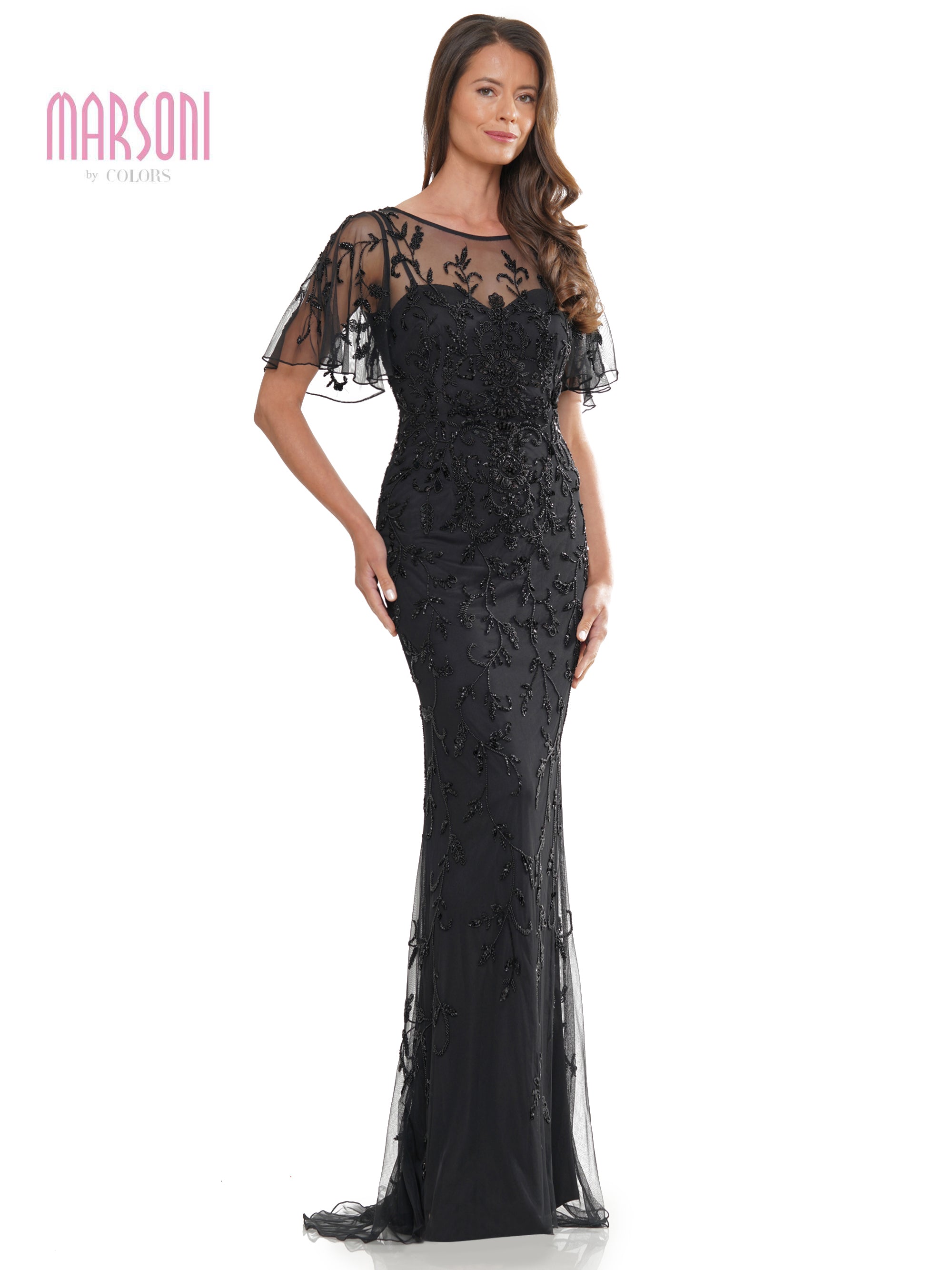 Marsoni MV1281 Mother of the Bride Beaded Mesh Short Sleeve Dress