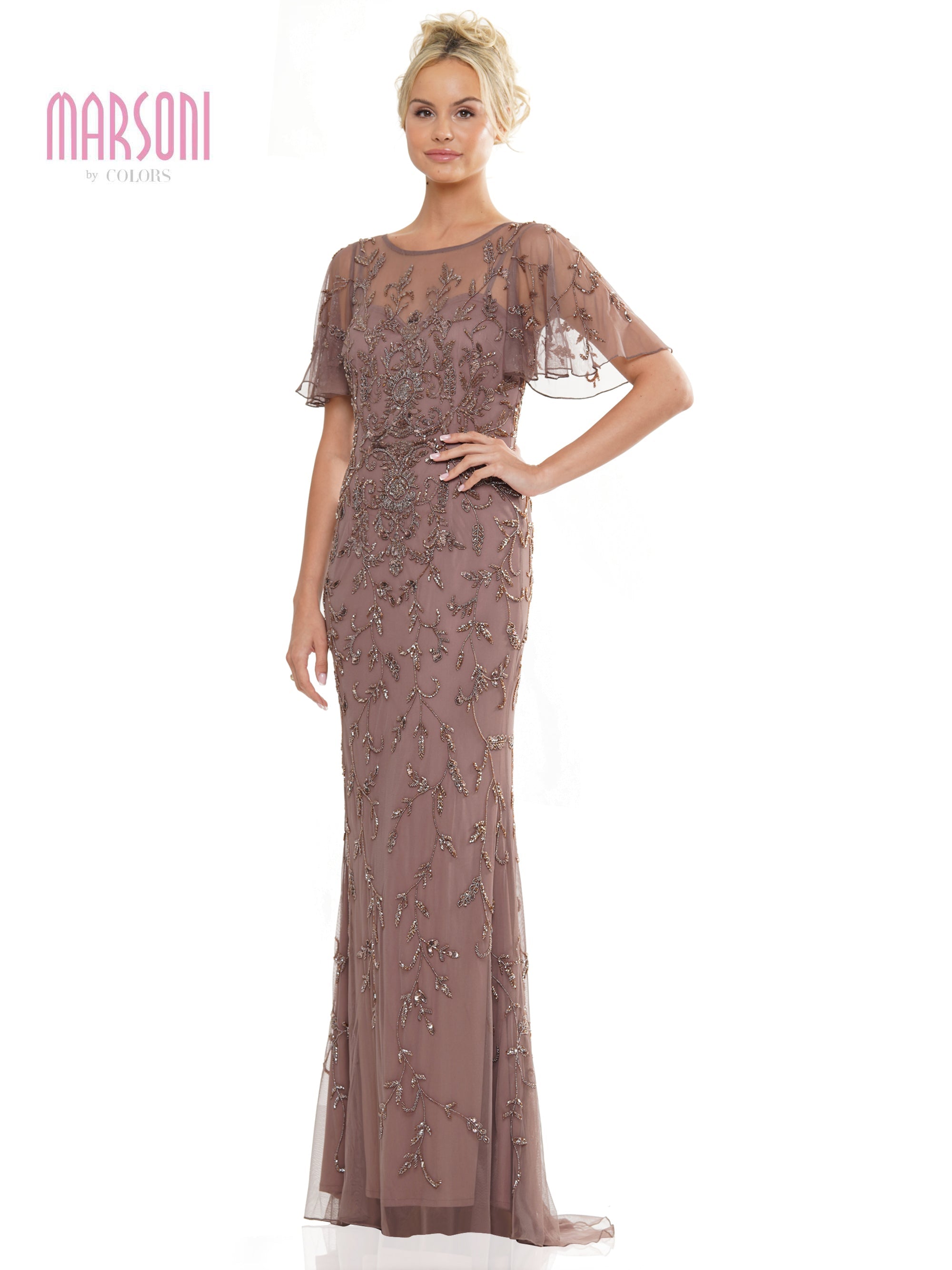Marsoni MV1281 Mother of the Bride Beaded Mesh Short Sleeve Dress