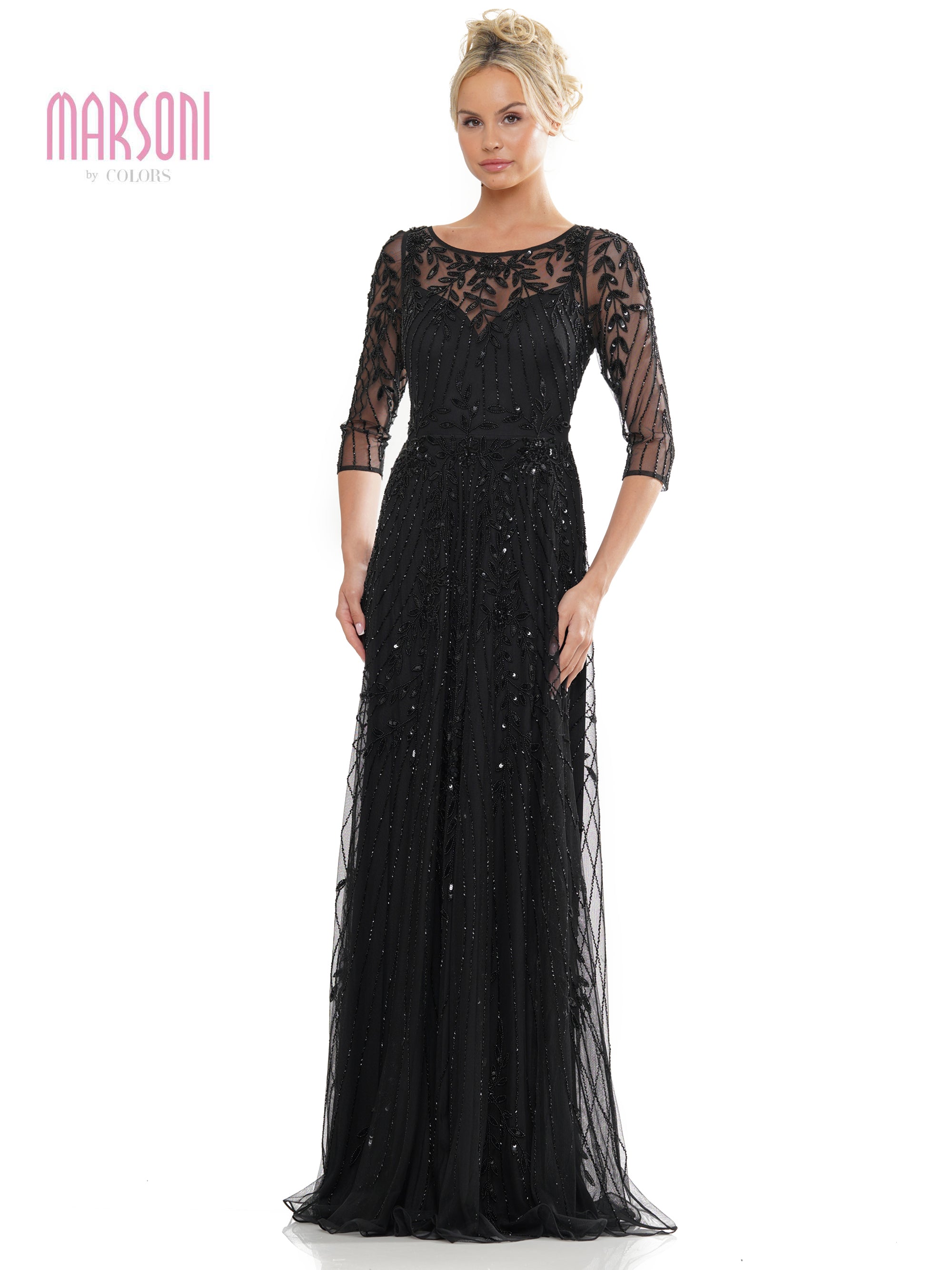 Marsoni MV1283 Mother of the Bride Beaded Mesh Quarter Sleeve Sheath Dress