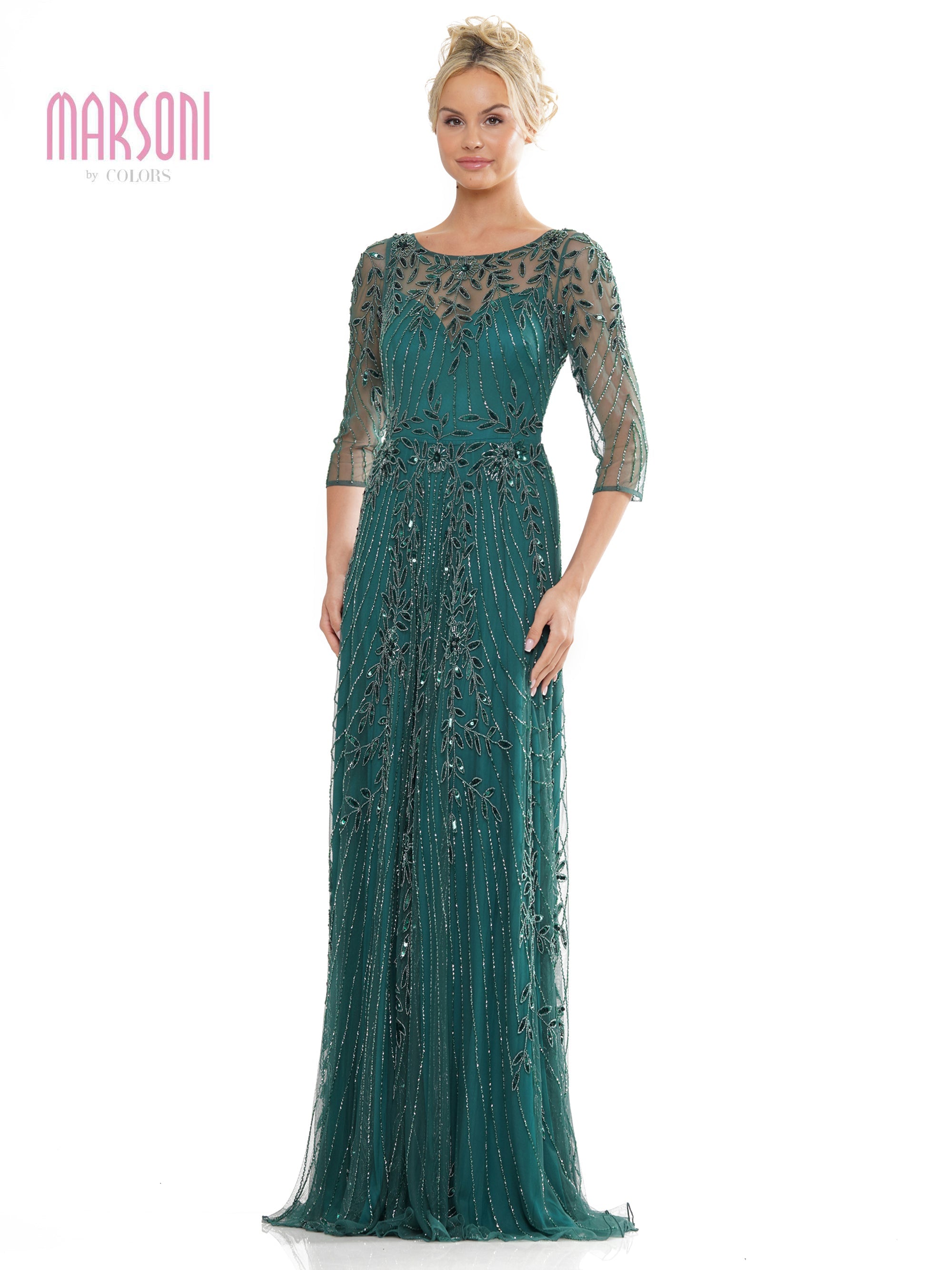 Marsoni MV1283 Mother of the Bride Beaded Mesh Quarter Sleeve Sheath Dress