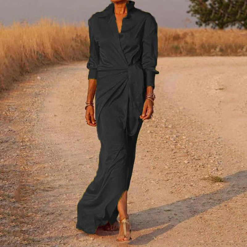 Hoobd Women Dress Casual Elegant Solid Lapel V Neck Long Sleeve Tie Up Pleated Slit Satin Dresses High Streetwear