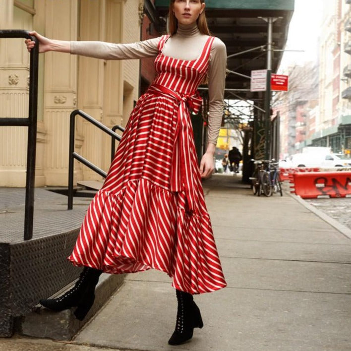 Hoobd Women Dress Striped 2024 summer beach dress Bohemia Dress Sexy Long Maxi Dresses Bow Lace Up Ruffles Long Summer Dress