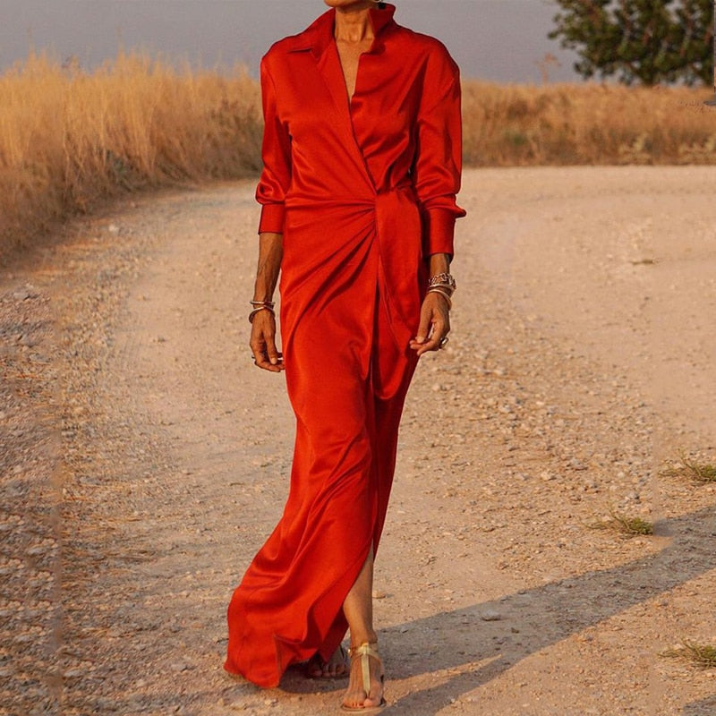 Hoobd Women Dress Casual Elegant Solid Lapel V Neck Long Sleeve Tie Up Pleated Slit Satin Dresses High Streetwear