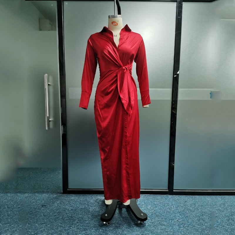 Hoobd Women Dress Casual Elegant Solid Lapel V Neck Long Sleeve Tie Up Pleated Slit Satin Dresses High Streetwear