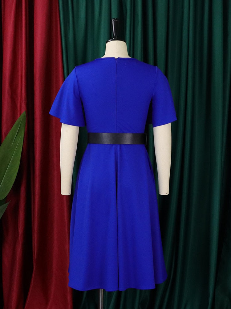 Hoobd Women Dress A Line Ruffle Eleagant Party with Waist Belt Blue Short Sleeve Office Lady Classy Modest Robe Fit Autumn New Fashion