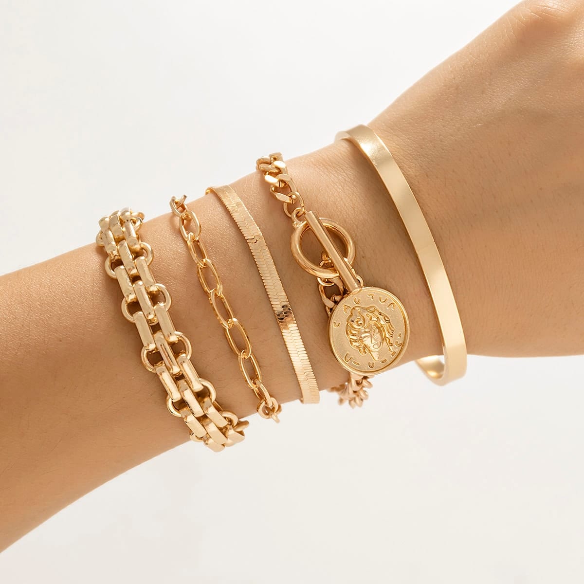 Boho 5 Pieces Toggle Clasp Herringbone Paperclip Cable Chain Bangle Bracelet Set
