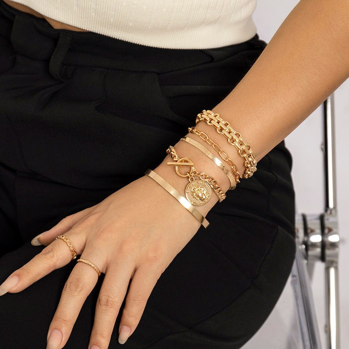 Boho 5 Pieces Toggle Clasp Herringbone Paperclip Cable Chain Bangle Bracelet Set