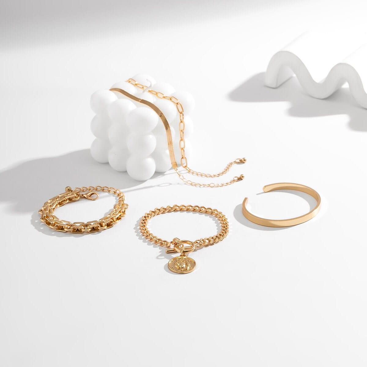 Boho 5 Pieces Toggle Clasp Herringbone Paperclip Cable Chain Bangle Bracelet Set