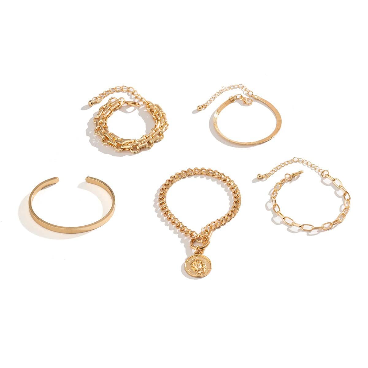 Boho 5 Pieces Toggle Clasp Herringbone Paperclip Cable Chain Bangle Bracelet Set