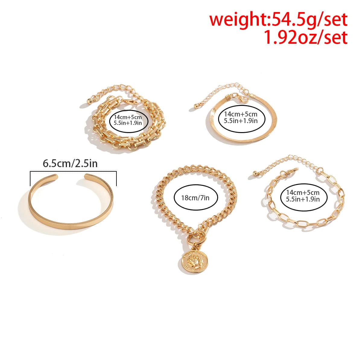 Boho 5 Pieces Toggle Clasp Herringbone Paperclip Cable Chain Bangle Bracelet Set