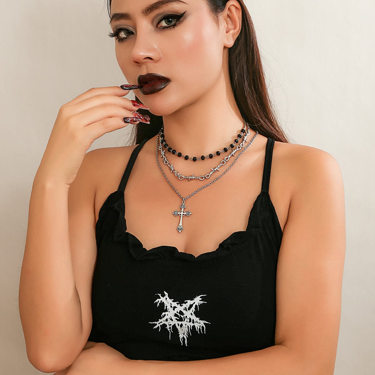 Boho Antique Cross Pendant Crystal Barbed Chain Necklace Set