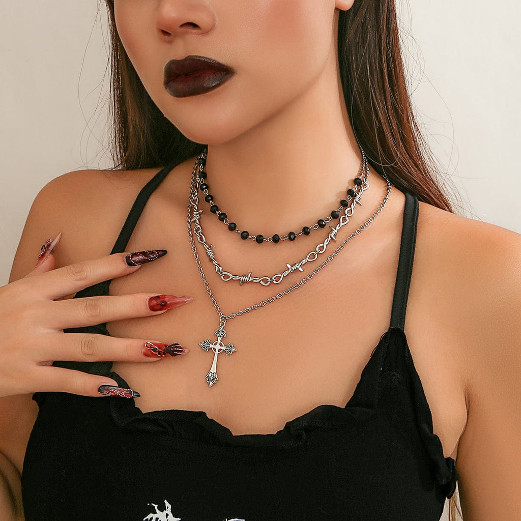 Boho Antique Cross Pendant Crystal Barbed Chain Necklace Set