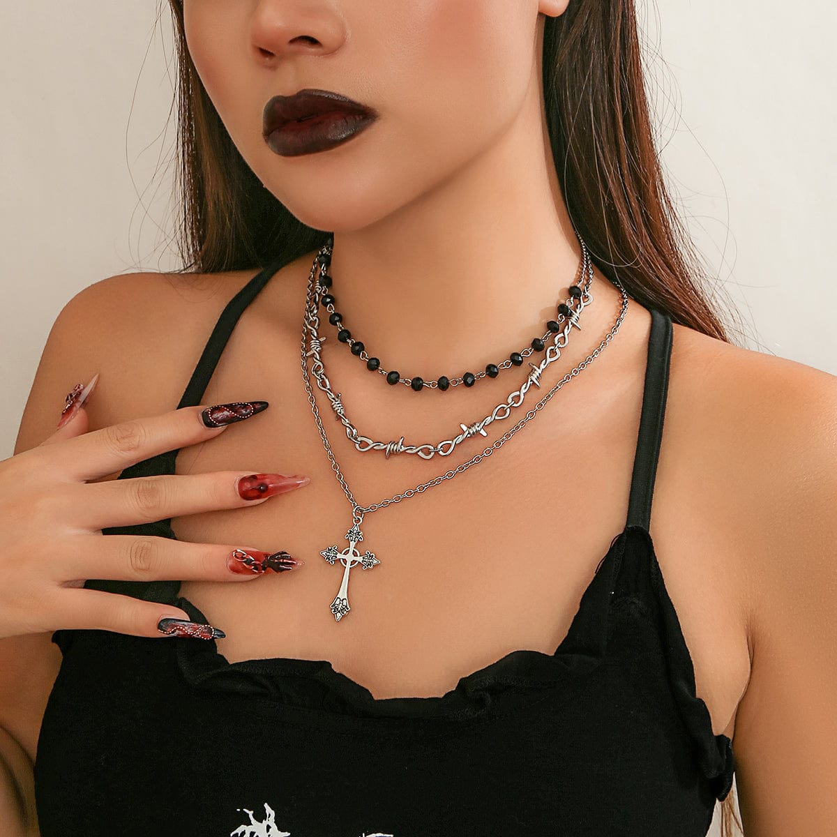 Boho Antique Cross Pendant Crystal Barbed Chain Necklace Set