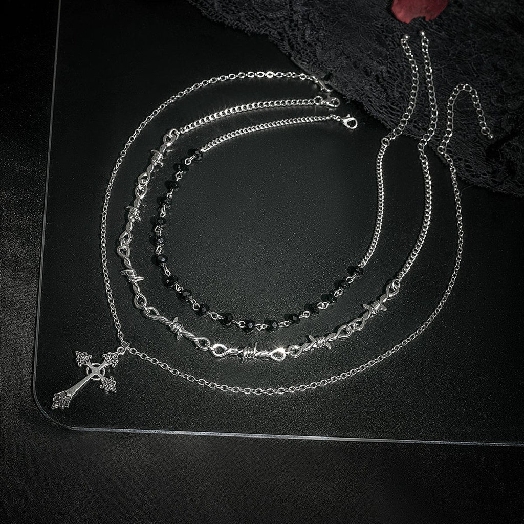 Boho Antique Cross Pendant Crystal Barbed Chain Necklace Set