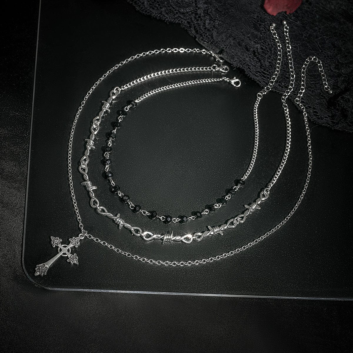 Boho Antique Cross Pendant Crystal Barbed Chain Necklace Set