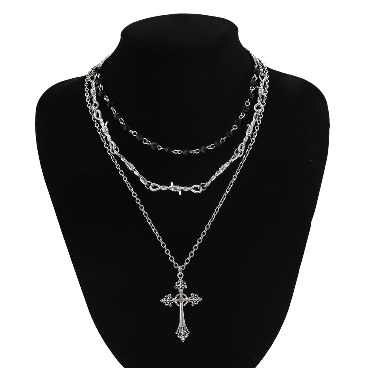 Boho Antique Cross Pendant Crystal Barbed Chain Necklace Set