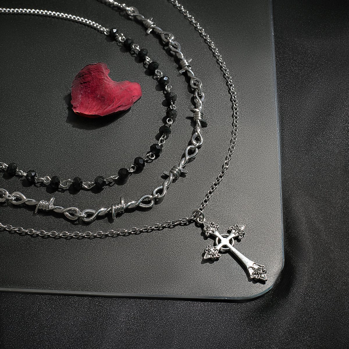 Boho Antique Cross Pendant Crystal Barbed Chain Necklace Set