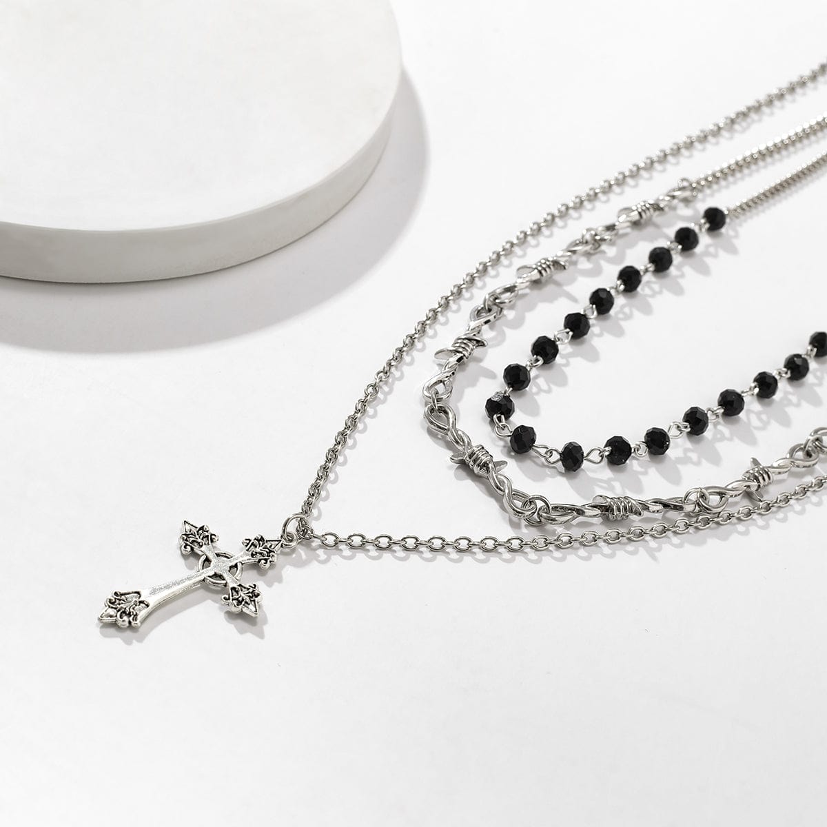 Boho Antique Cross Pendant Crystal Barbed Chain Necklace Set