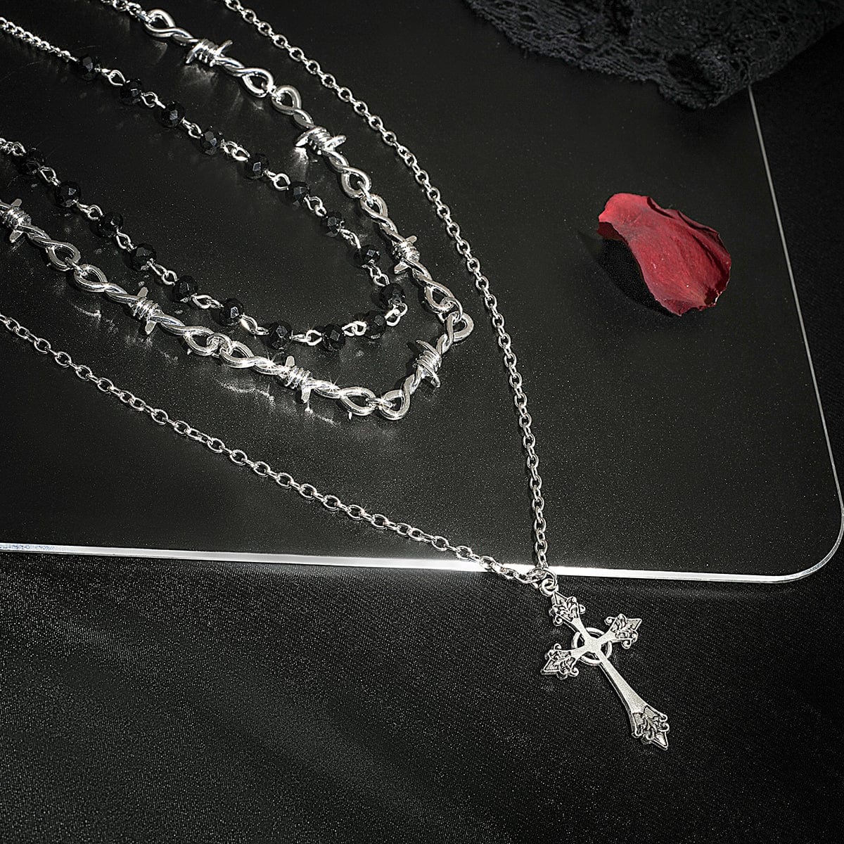 Boho Antique Cross Pendant Crystal Barbed Chain Necklace Set