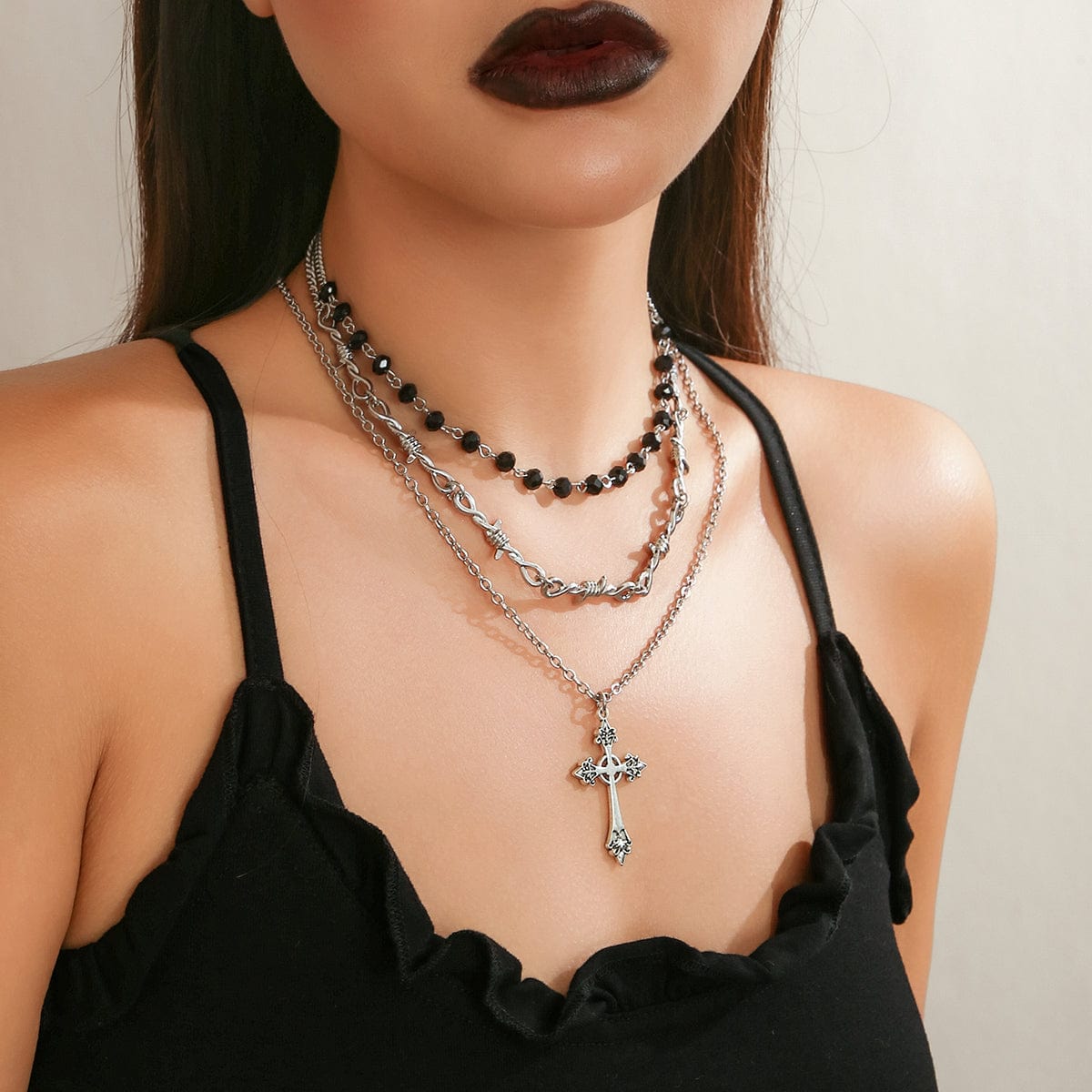 Boho Antique Cross Pendant Crystal Barbed Chain Necklace Set