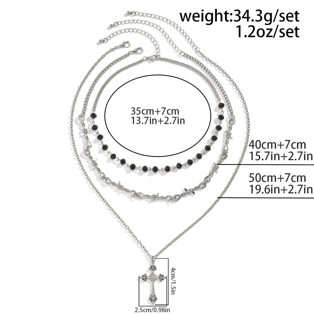 Boho Antique Cross Pendant Crystal Barbed Chain Necklace Set