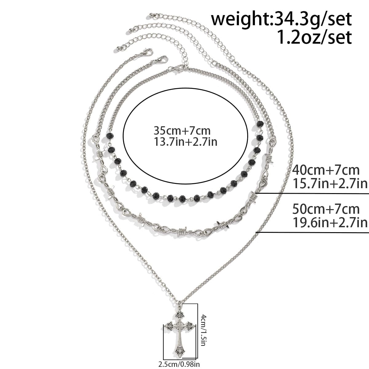 Boho Antique Cross Pendant Crystal Barbed Chain Necklace Set