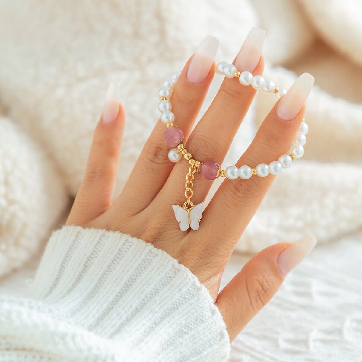 Boho Butterfly Charm Natural Crystal Pearl Chain Bracelet
