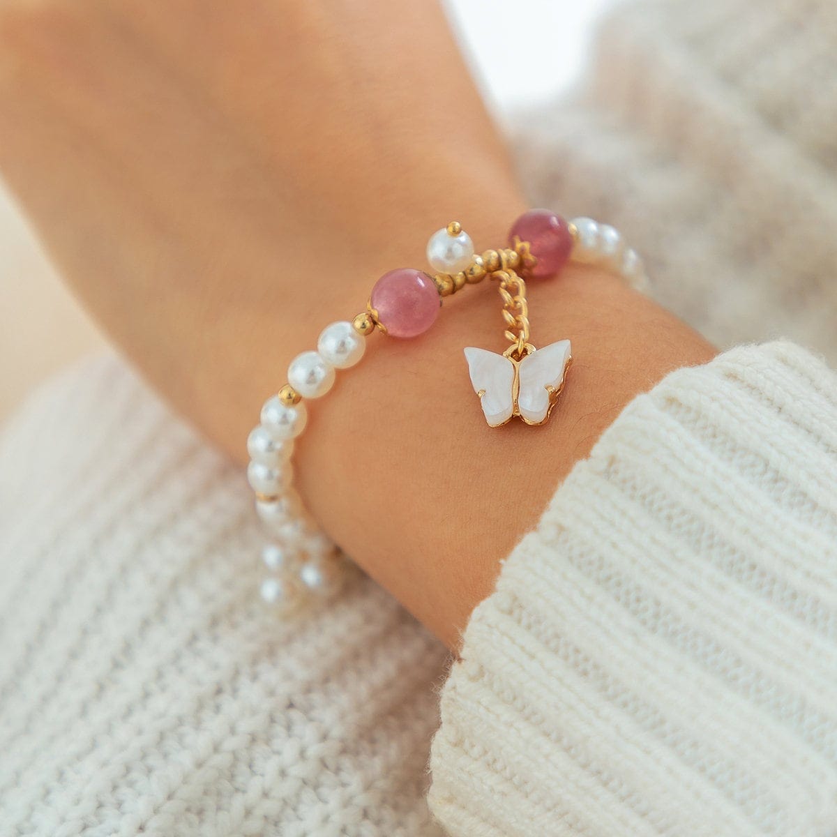 Boho Butterfly Charm Natural Crystal Pearl Chain Bracelet