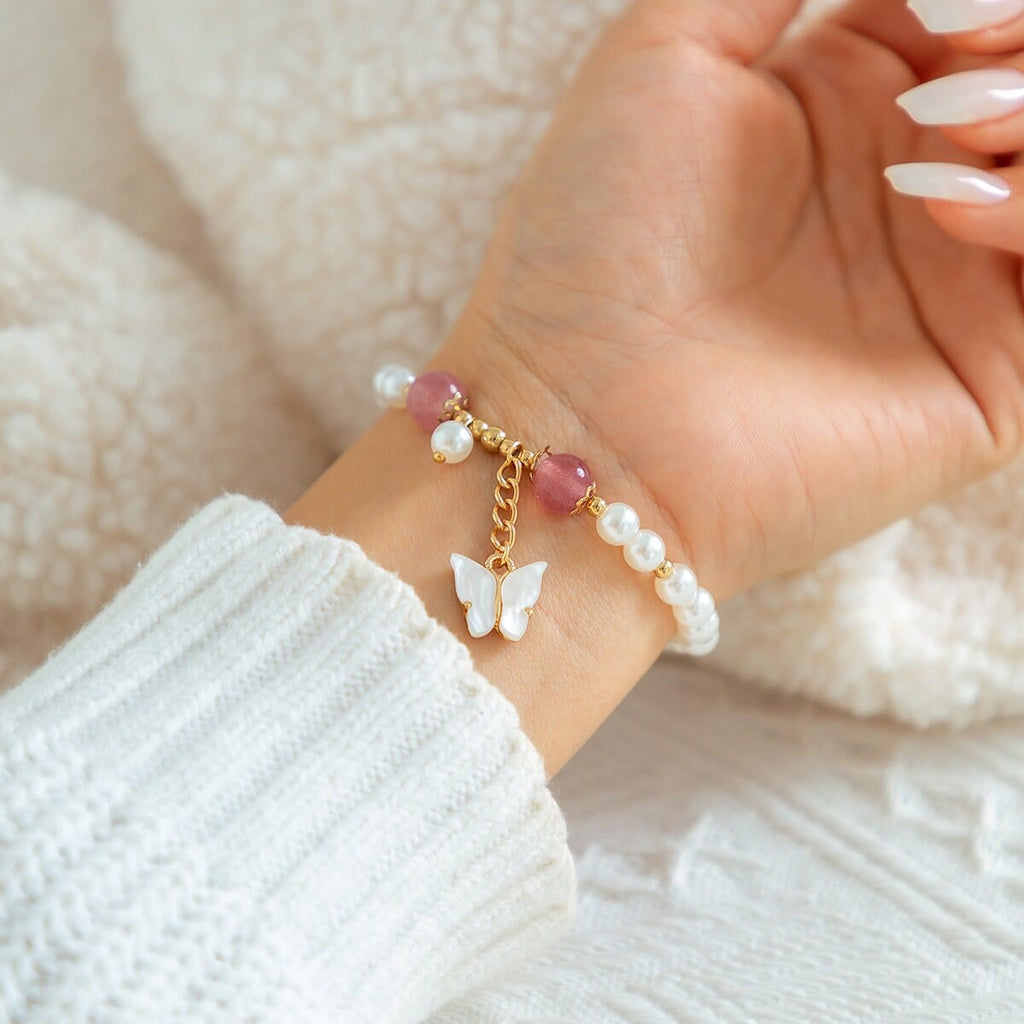 Boho Butterfly Charm Natural Crystal Pearl Chain Bracelet