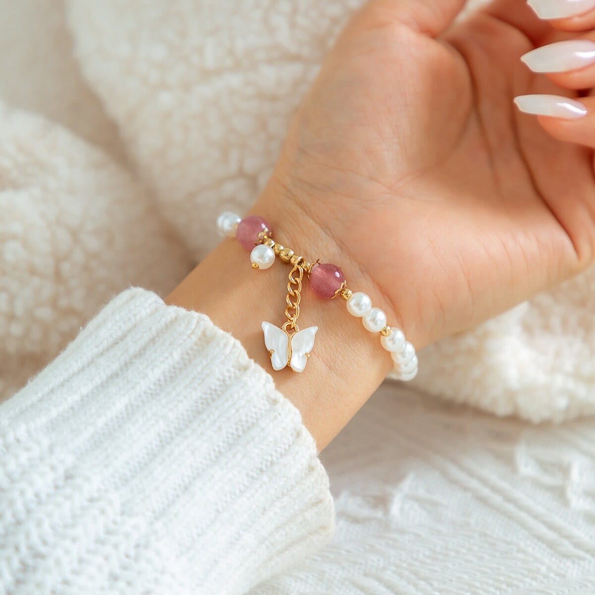 Boho Butterfly Charm Natural Crystal Pearl Chain Bracelet