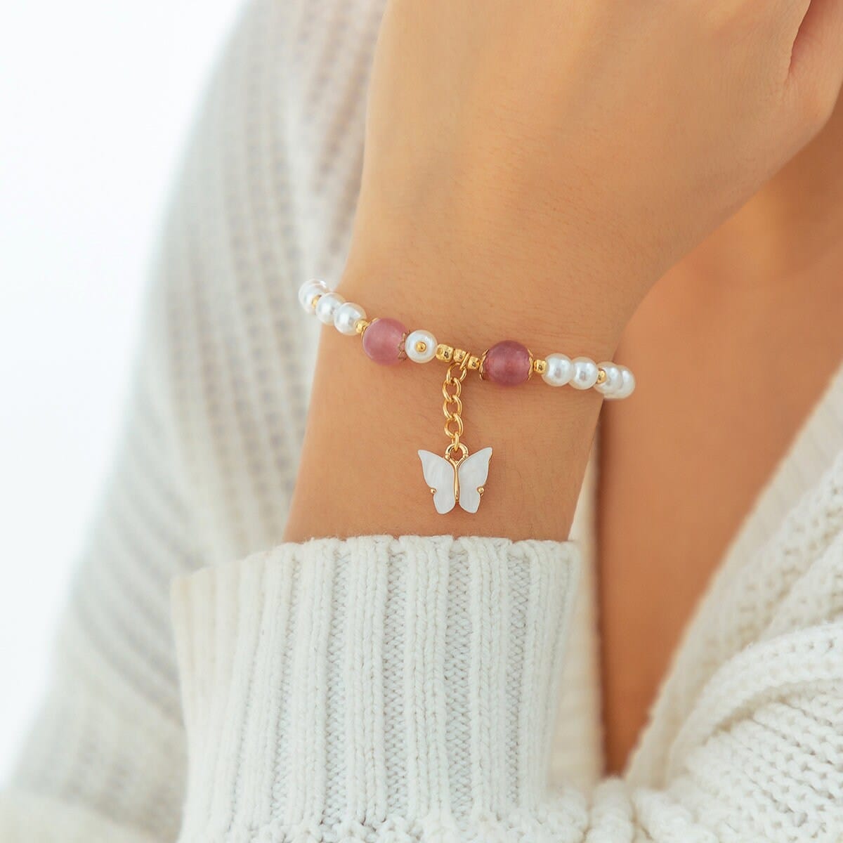 Boho Butterfly Charm Natural Crystal Pearl Chain Bracelet
